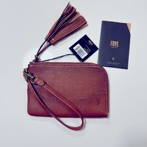 FRYE Leather Wristlet in Cognac Leather